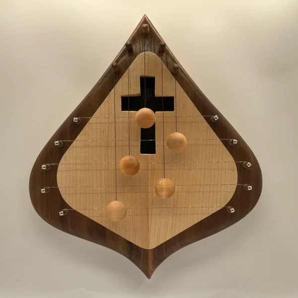 DH5WBMSIMX-5 string door harp with Walnut border and simple Maple inlay. Sound hole is shaped like a cross.